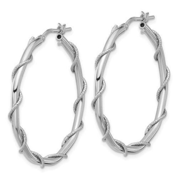 Leslie's Sterling Silver Polished/Textured/Twisted Hoop Earrings - Picture 2 of 4